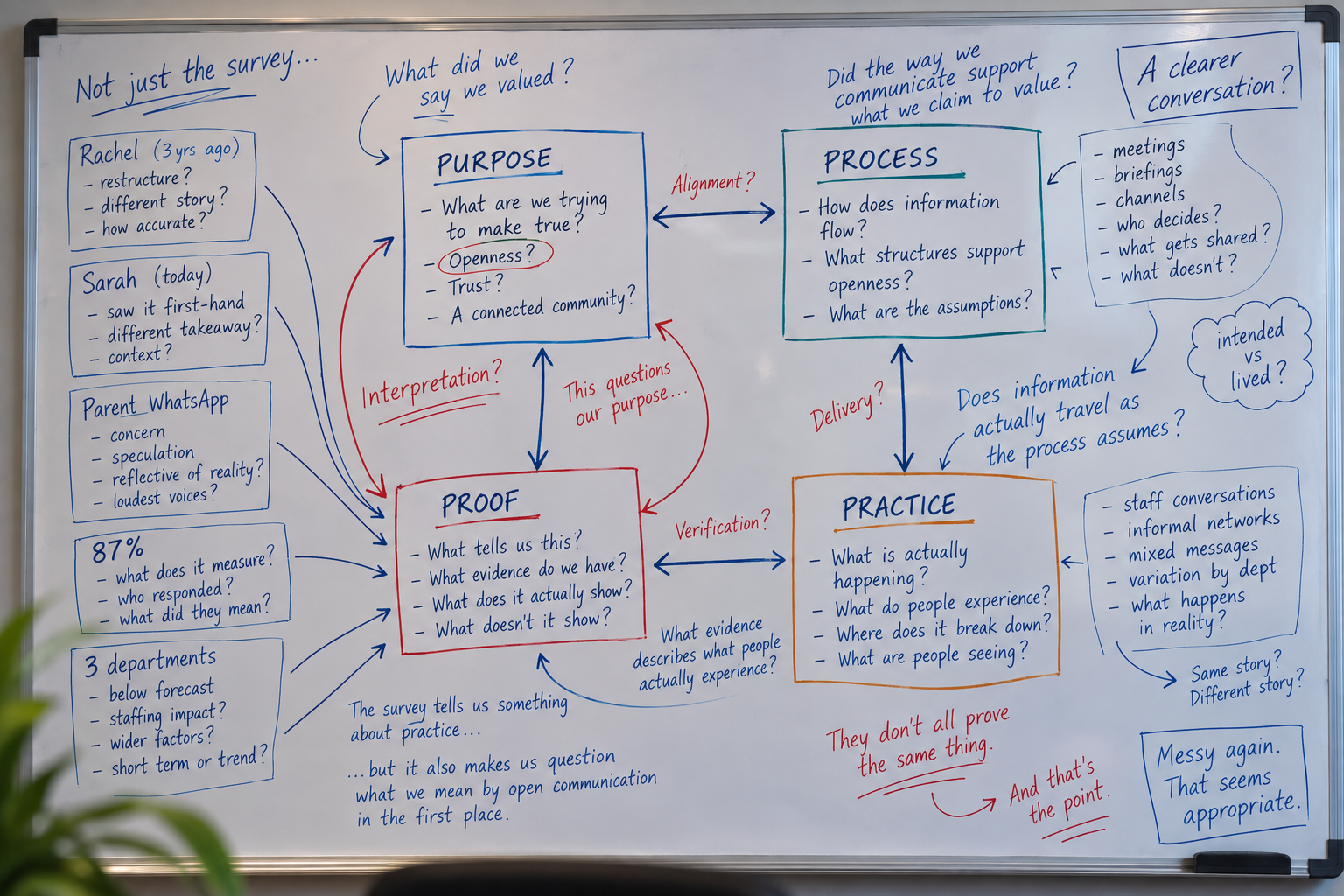 A hand-drawn whiteboard diagram mapping Purpose, Process, Practice and Proof, with the relationships between them and the evidence gathered across the week.