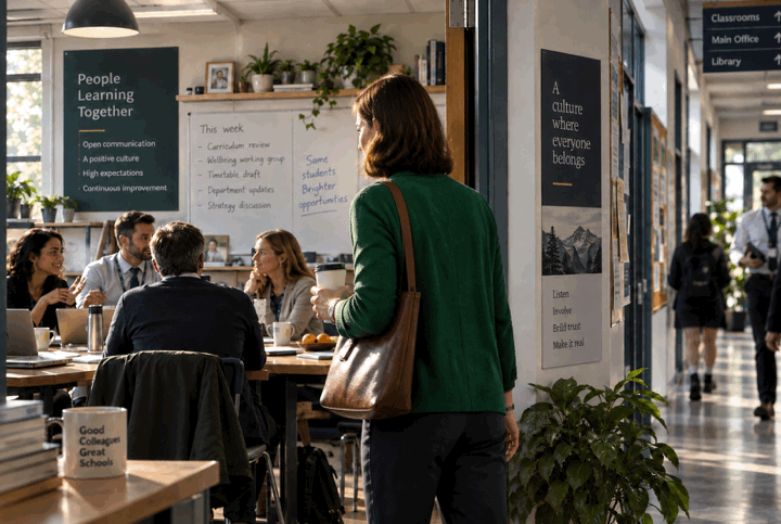 An illustration of a school staffroom on an ordinary Monday morning, with colleagues seated around a table and the school's strategic plan and culture posters on the walls.