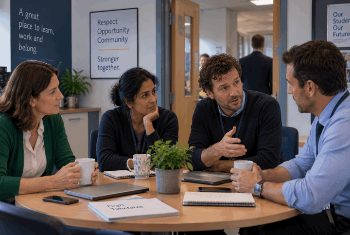 An illustration of four colleagues around a table in the staffroom, talking through a timetable problem.