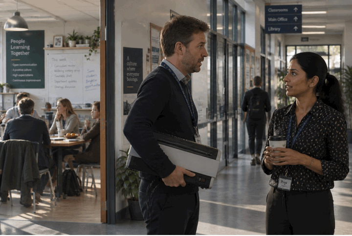 An illustration of two colleagues talking in a school corridor while students pass between lessons.