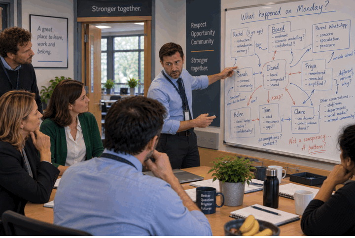 An illustration of a group of colleagues gathered around a whiteboard covered in a tangled web of connected events and questions.