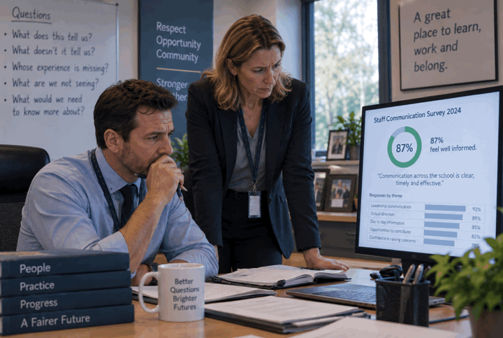 An illustration of two colleagues at a desk reviewing survey results on a laptop.